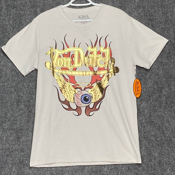 Von Dutch T-Shirt Men's M Beige Gold Flames Wings Graphic Crew Neck Short Sleeve - Picture 1 of 6